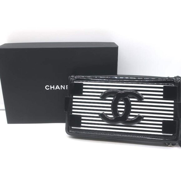 Chanel Boy Brick Striped Flap Bag Black & White Patent Leather Small Crossbody - Picture 1 of 16